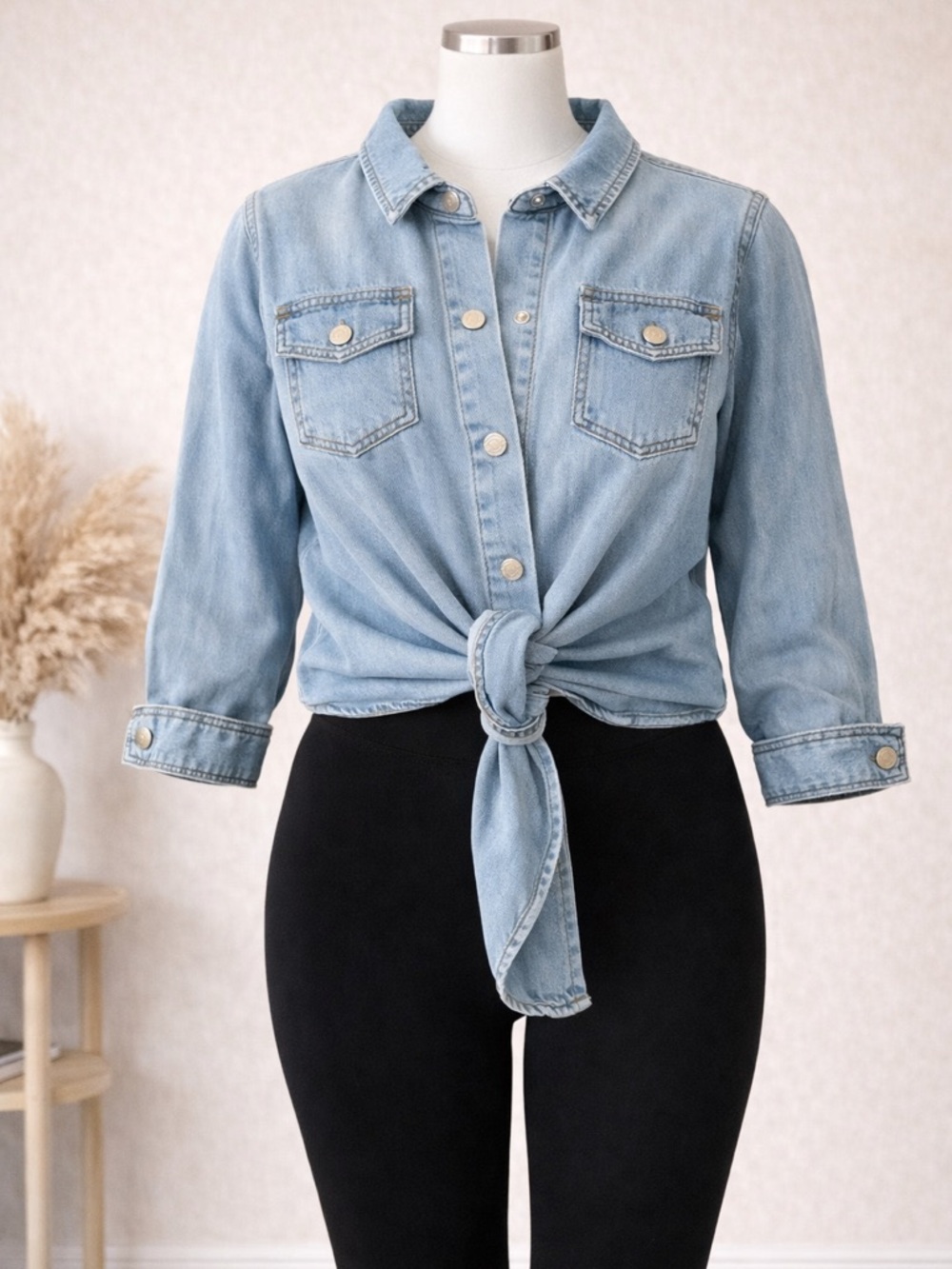 Micas Light Wash Blue Fitted Tie-Knot Denim Button-Down Shirt